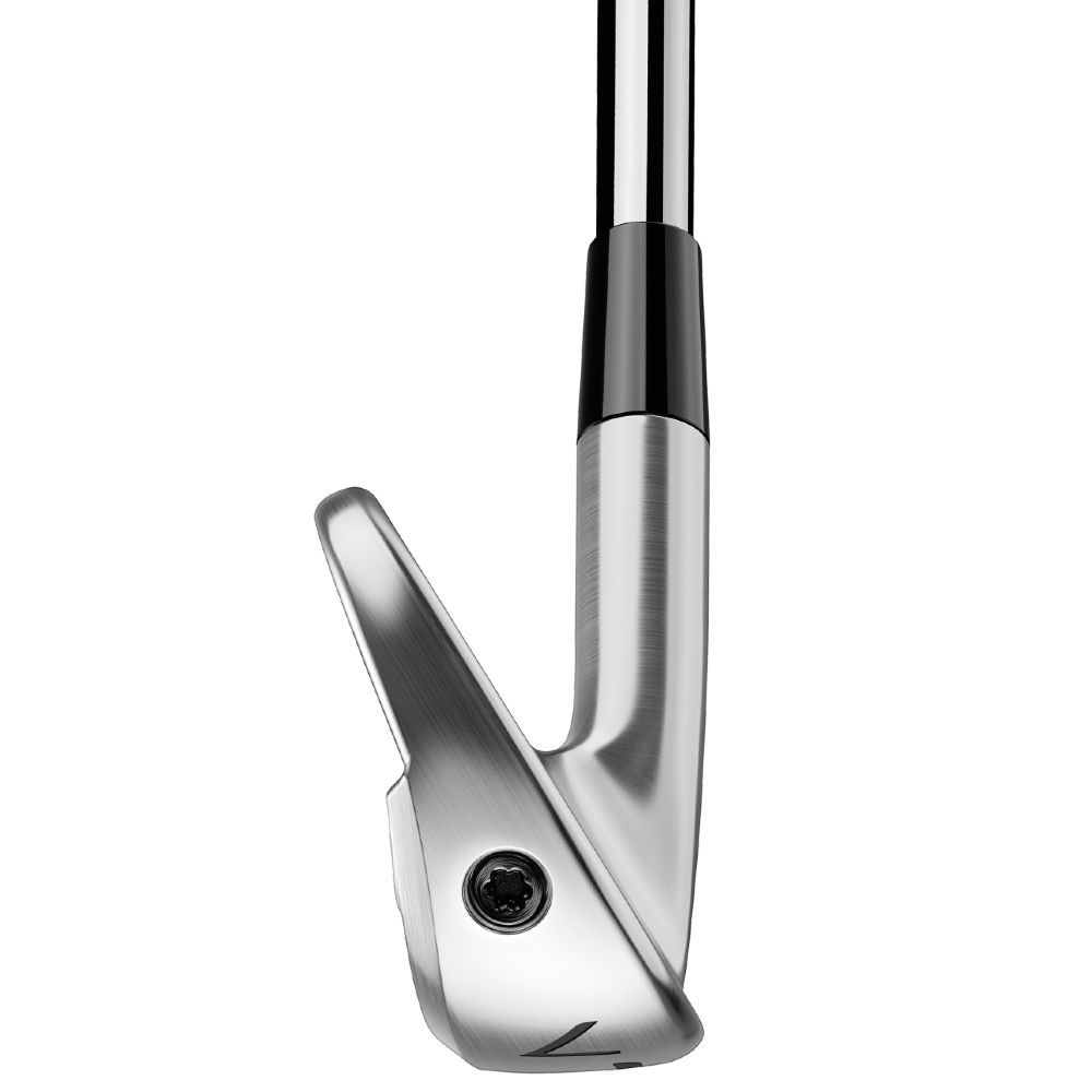 Side view of a silver golf iron club head with a black shaft attached, against a white background.