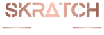 Logo for Skratch in rose gold, stencil font style. Two horizontal lines underneath.