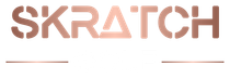 Logo for Skratch in rose gold, stencil font style. Two horizontal lines underneath.