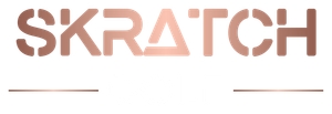 Logo for Skratch in rose gold, stencil font style. Two horizontal lines underneath.