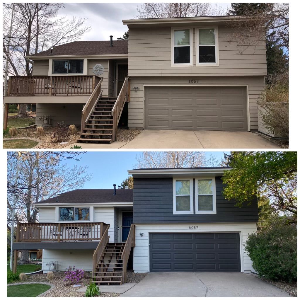 A before and after picture of a house with a black garage door.