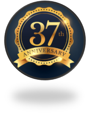 A silver badge that says celebrating 35 years of business