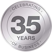 A silver badge that says celebrating 35 years of business