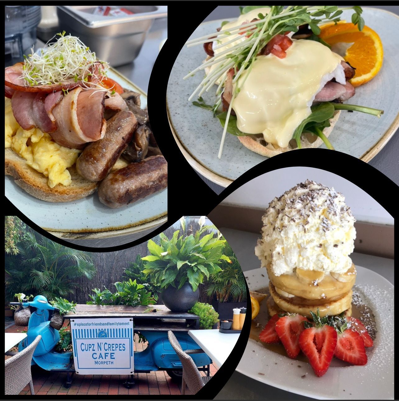 Breakfast dishes and outdoor cafe setting.