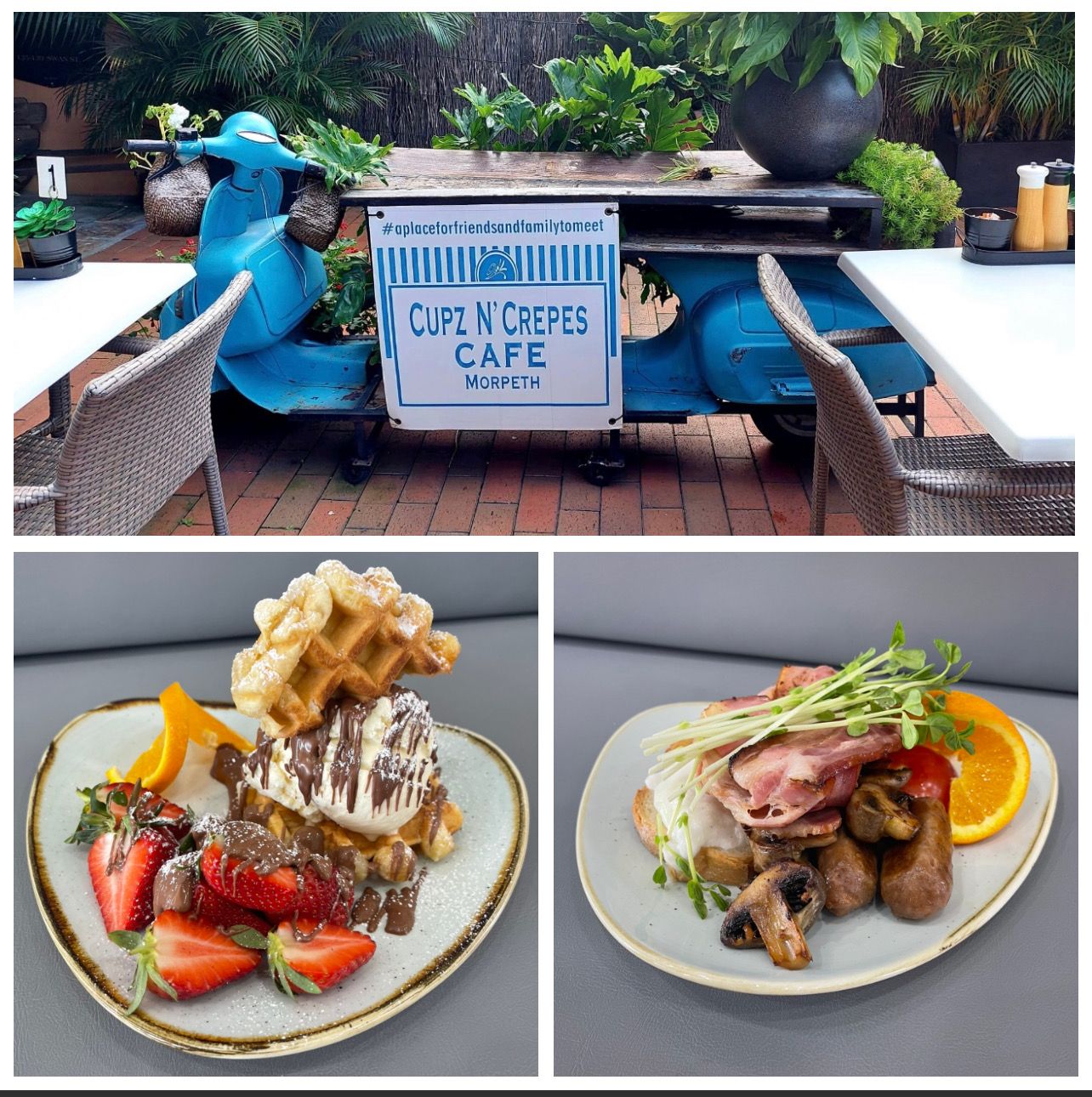 Top image: Blue scooter cafe sign outside. Bottom left: Waffles, ice cream, strawberries. Bottom right: Breakfast with bacon, mushrooms.