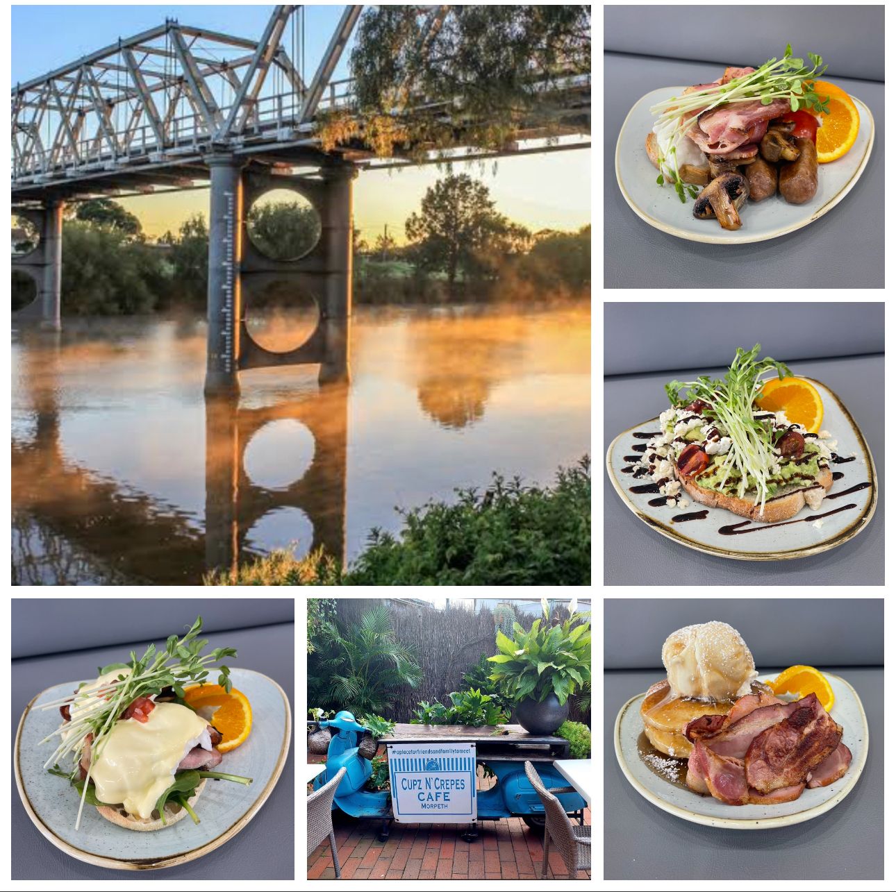 Collage of a bridge over a river, with various brunch dishes and outdoor seating.