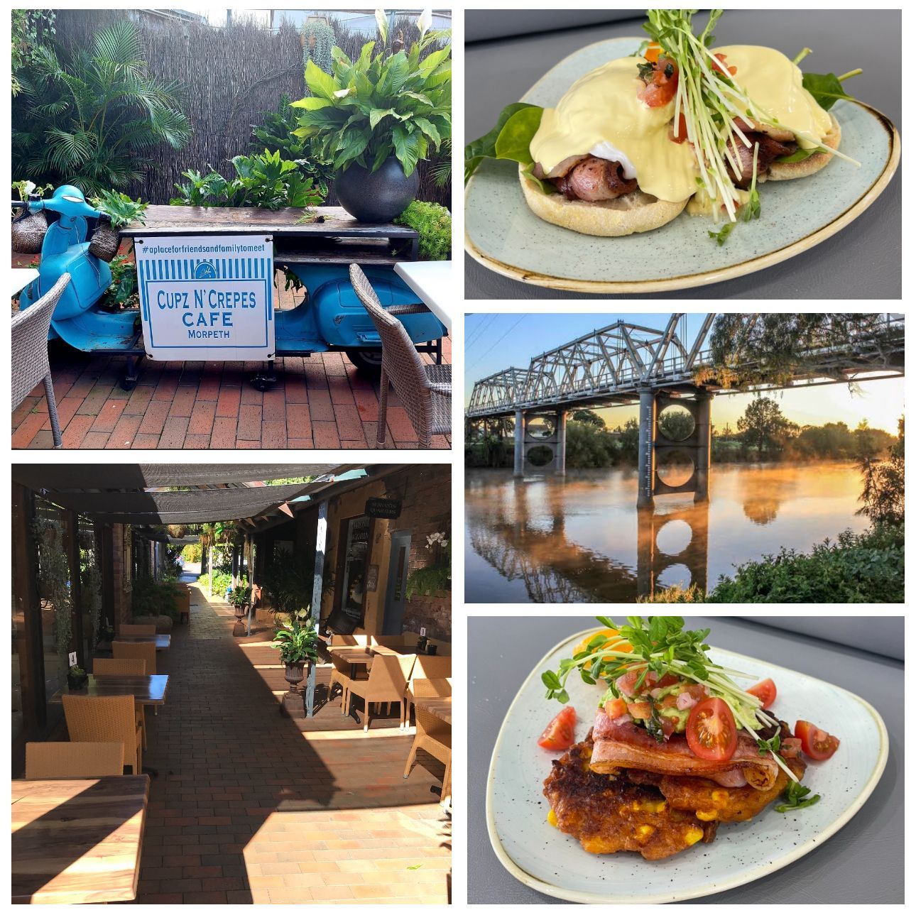 Collage of outdoor dining settings, bridge over water, and plates of food.