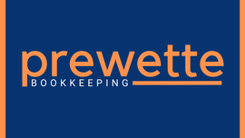 The logo for Prewette Bookkeeping is on a blue background.