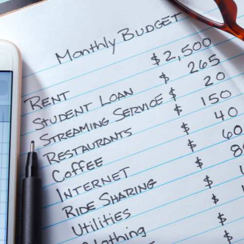 A monthly budget is written on a piece of paper.
