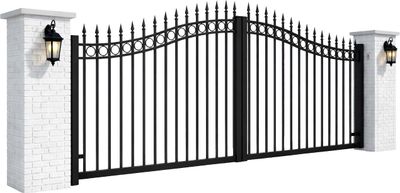 Black metal driveway gate with stone pillars. The gate has a curved top and opens in the center.