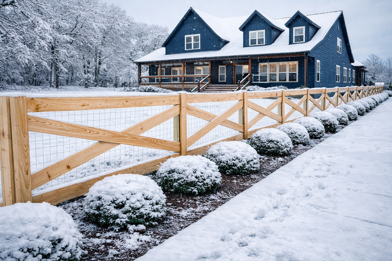 A blue farmhouse with a wooden cross-brace fence and snow-covered bushes in a wintry, snow-dusted yard.