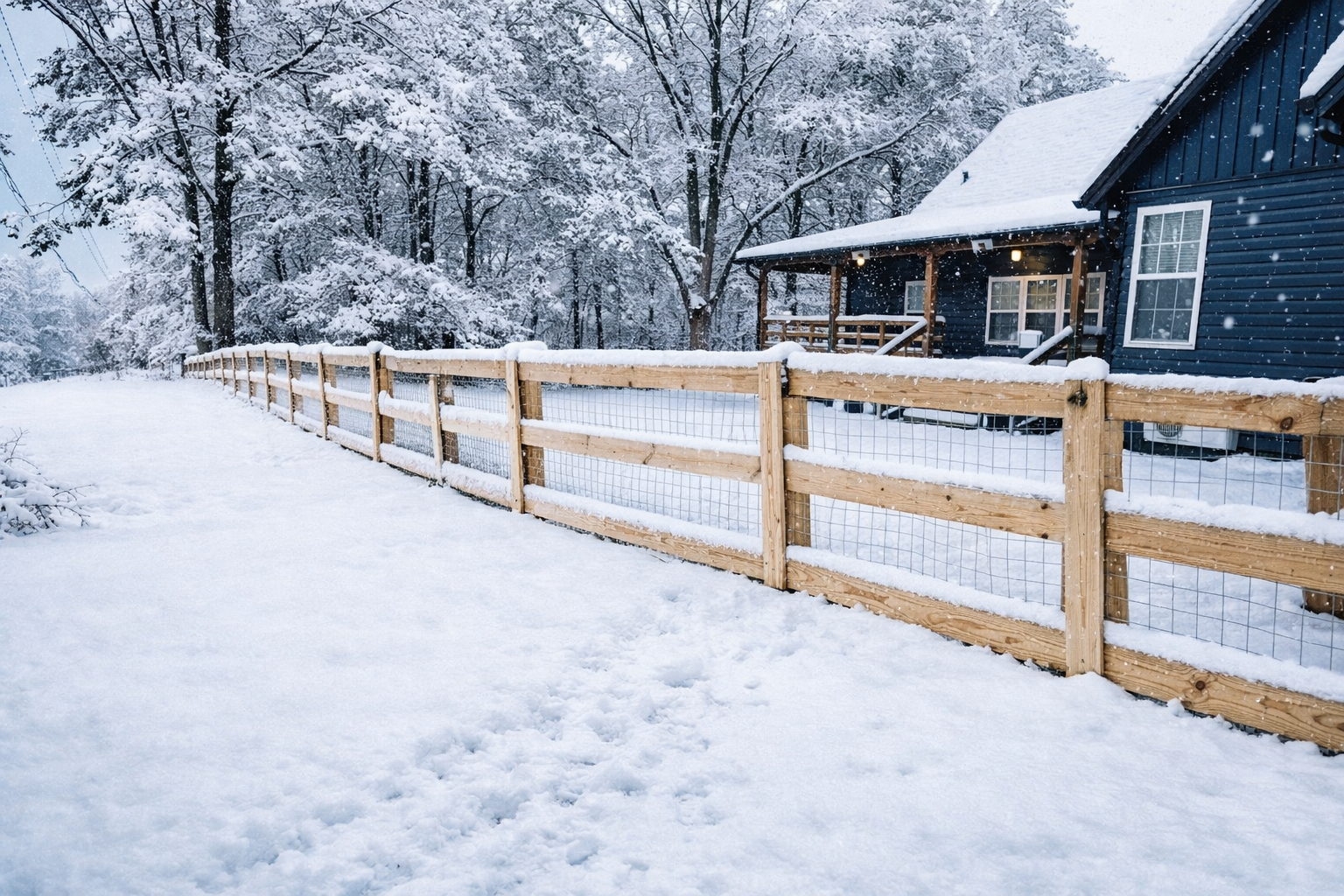 A wooden post-and-rail fence with wire mesh runs through a snow-covered yard in front of a dark blue house.