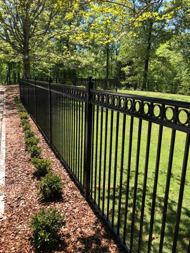 Black metal fence bordering a yard, featuring a line of bushes along the base. Green trees and grass in the background.
