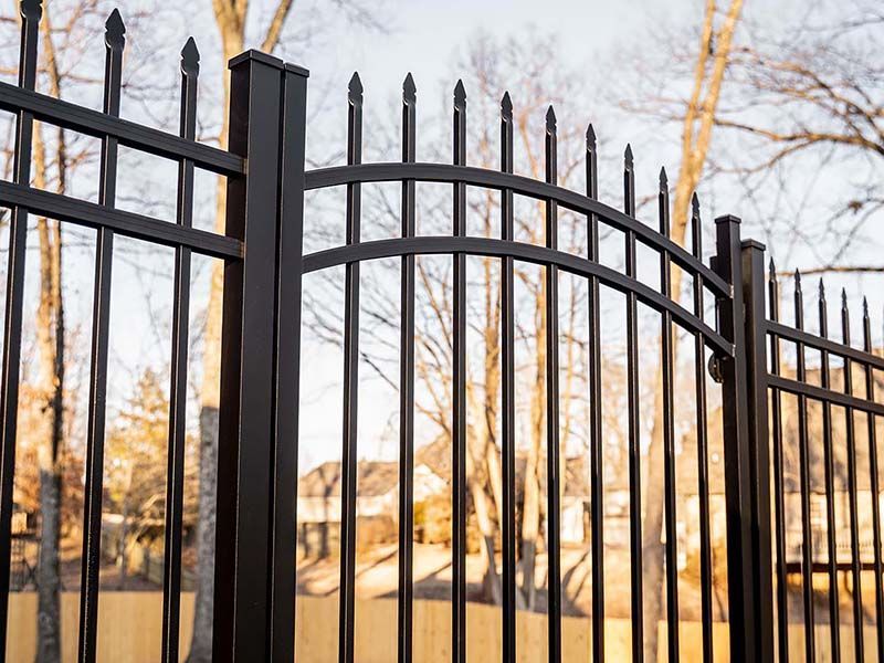 Black metal fence with decorative arched top and pointed finials, set against a blurred background of trees and a house.
