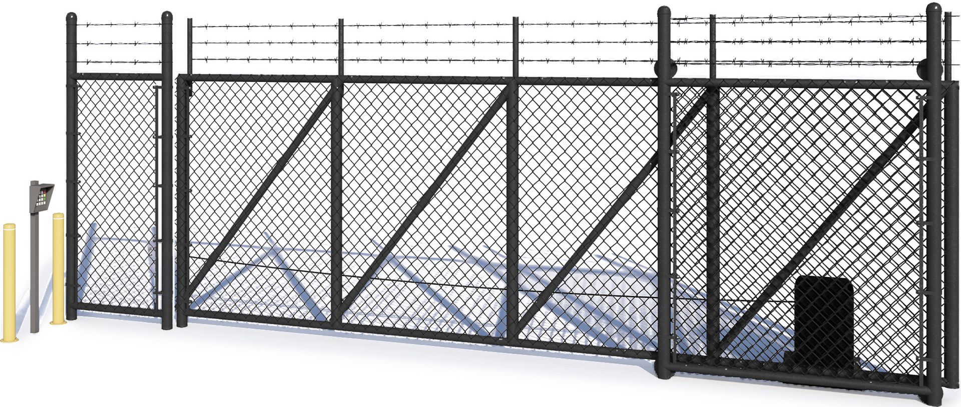 A security fence with razor wire, likely surrounding a restricted area. The fence is made of chain link and has a closed gate.
