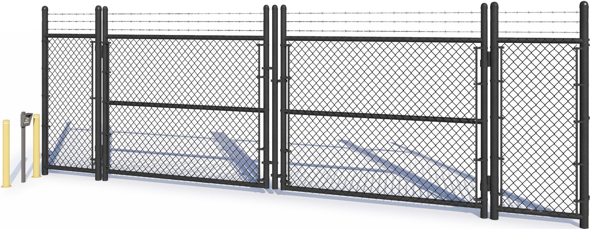 Black chain-link fence with razor wire on top. A gate is open, with blue lines representing the track system.
