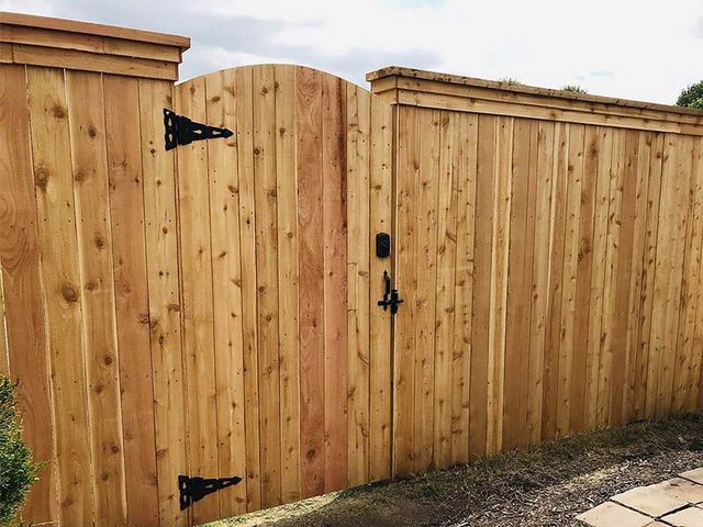 Wooden gate with a curved top and black hinges and latch, set in a matching wooden fence.