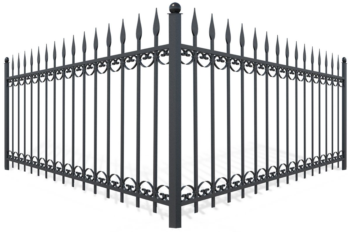 Black metal fence corner with pointed top pickets and decorative loops.
