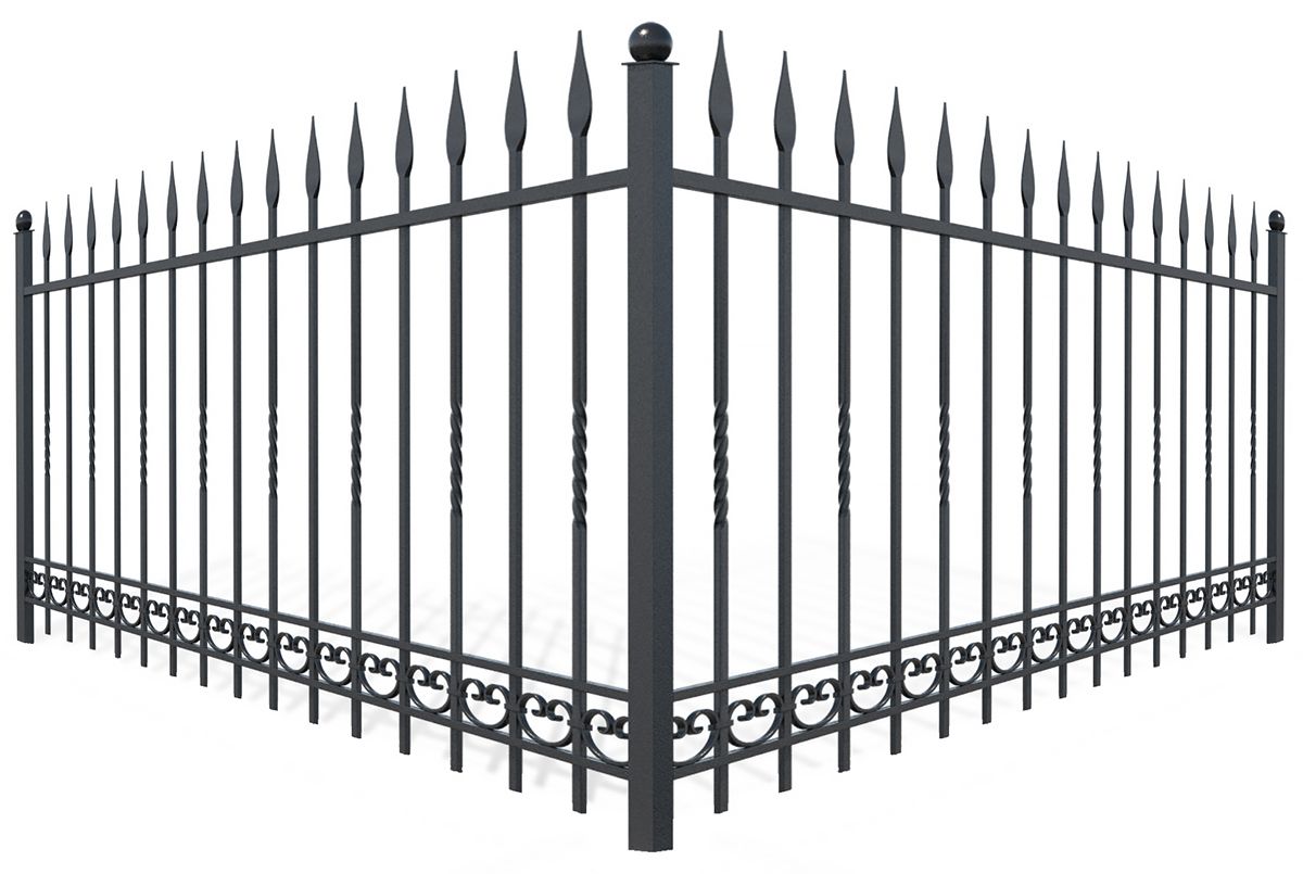 Black metal fence with pointed tops and decorative scrollwork, at a corner.