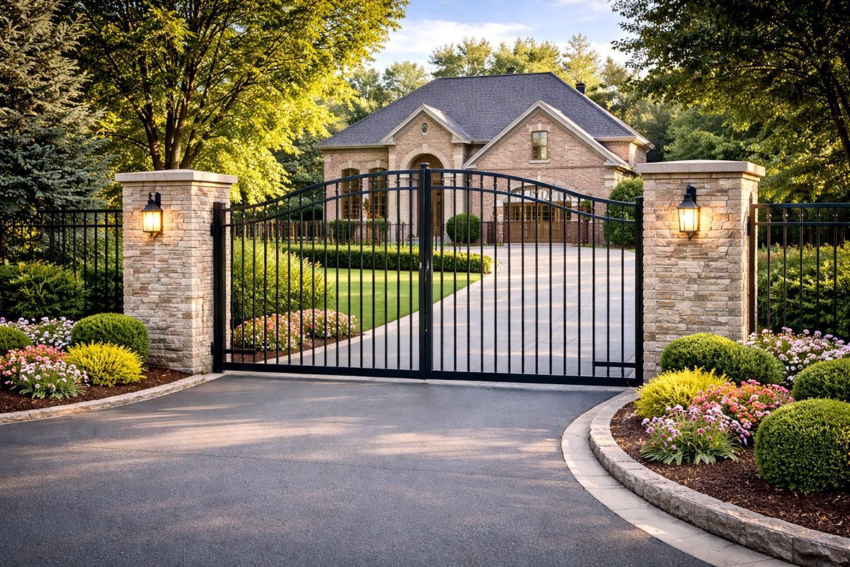 Black metal gate at the entrance of a stone driveway leading to a brick house, flanked by stone pillars and landscaping.
