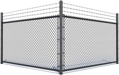 Chain-link fence with barbed wire on top; gray metal posts and wire, corner view.