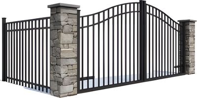 Black metal driveway gate with stone pillars. The gate has a curved top and opens in the center.