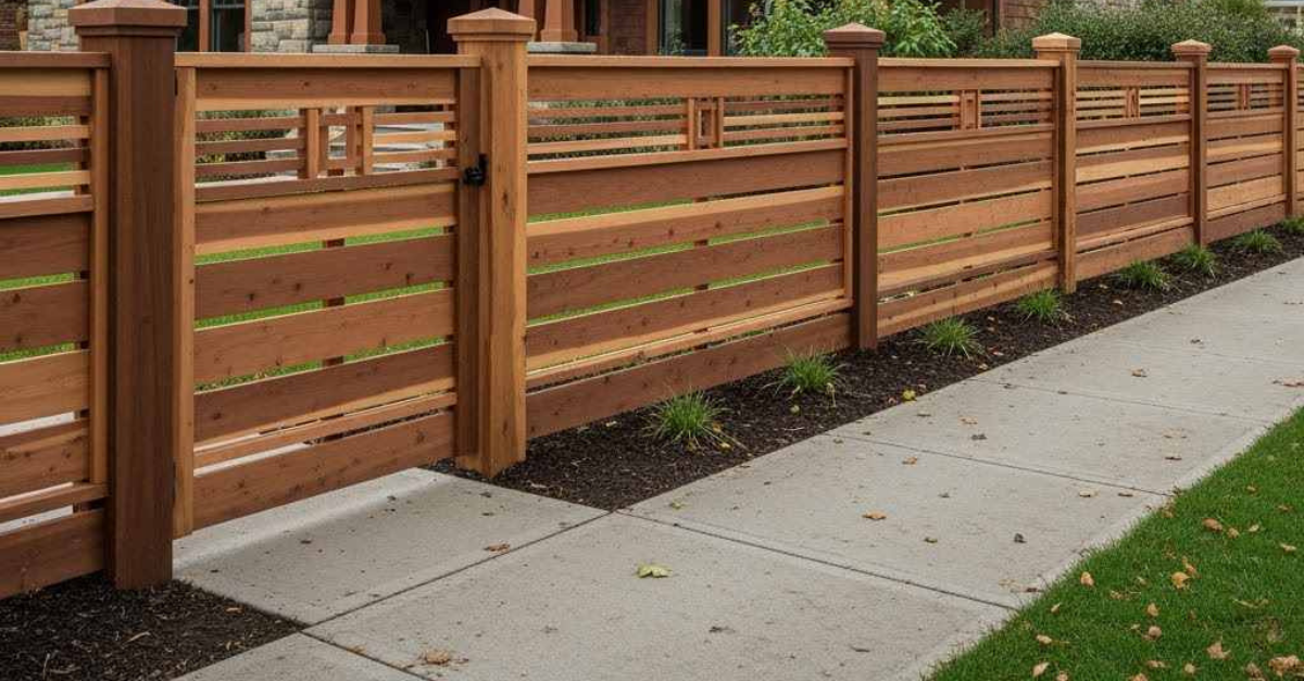 Horizontal wood slat fence with gate next to a sidewalk and a patch of grass.