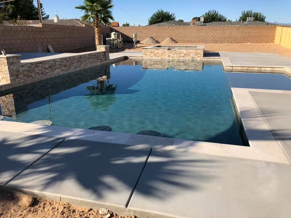 A large swimming pool with a palm tree in the background