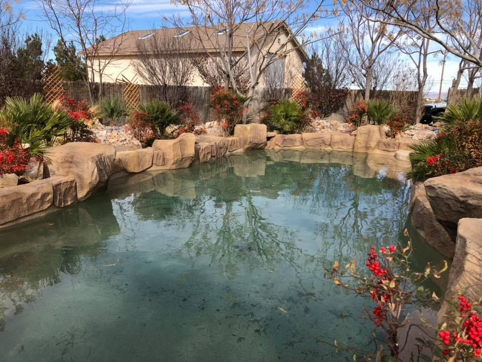 A large swimming pool surrounded by rocks and trees in front of a house.