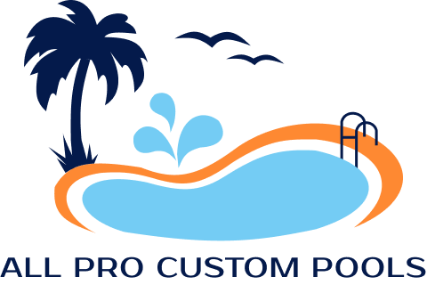 The logo for All Pro Custom Pools shows a swimming pool with a palm tree and birds.