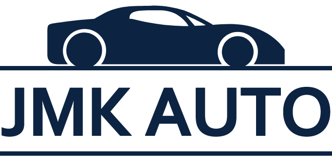 A logo for jmk auto with a car on top of it.