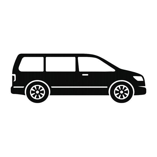 Black minivan icon, side view, showing passenger windows and wheels.