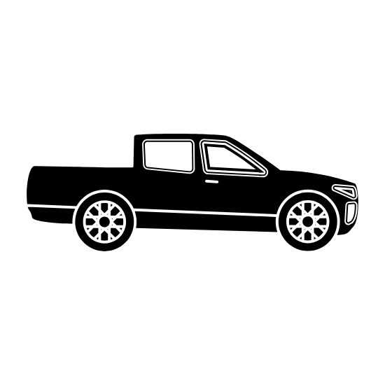 Black silhouette of a pickup truck with two doors and a cargo bed.