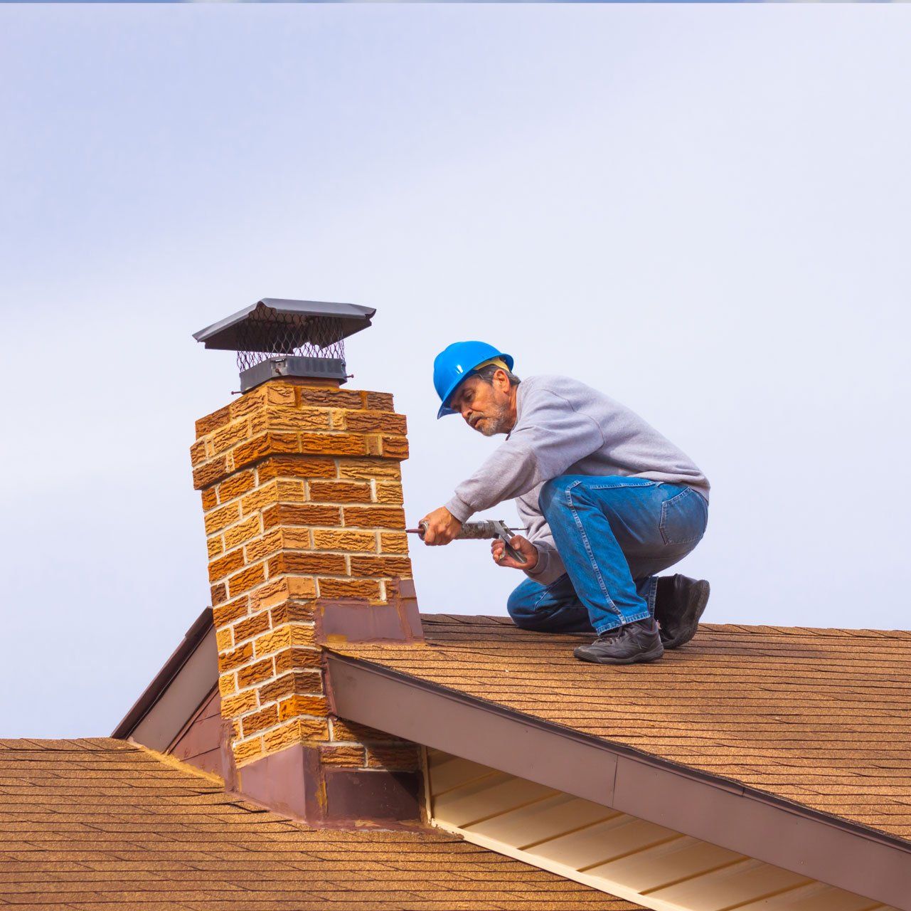 Contractor On The Roof Caulking Chimney | Hudson Valley NY | Ms Ok Chimney Service