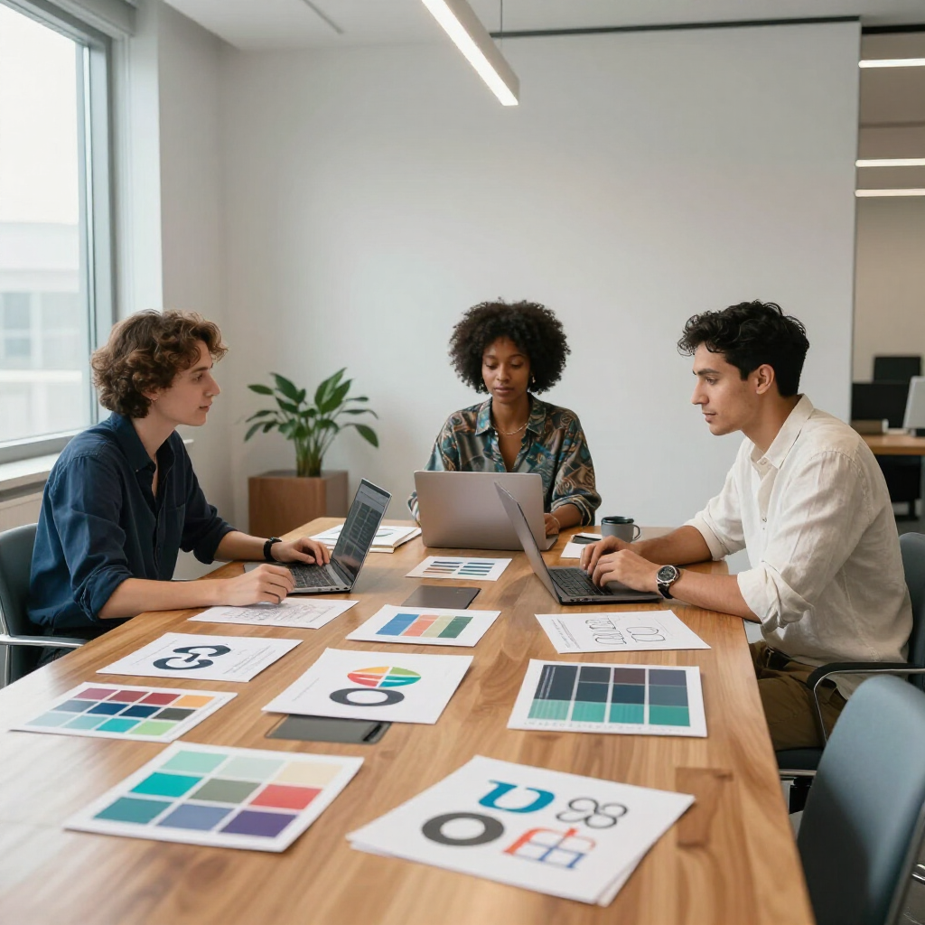 Three people collaborating at a table with laptops and colorful design mockups in a bright office.