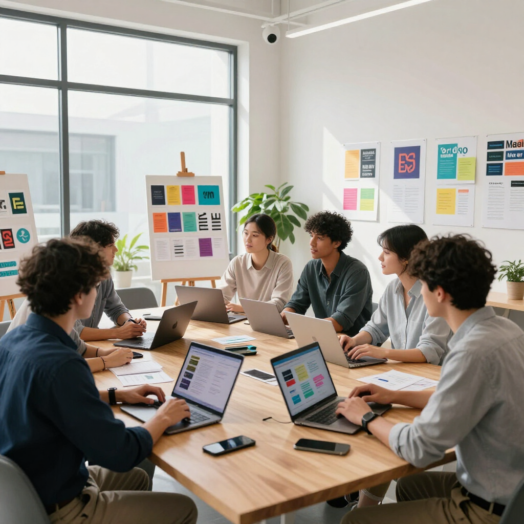 Team meeting around a wooden table in a bright office, with laptops, notes, and colorful charts on the wall