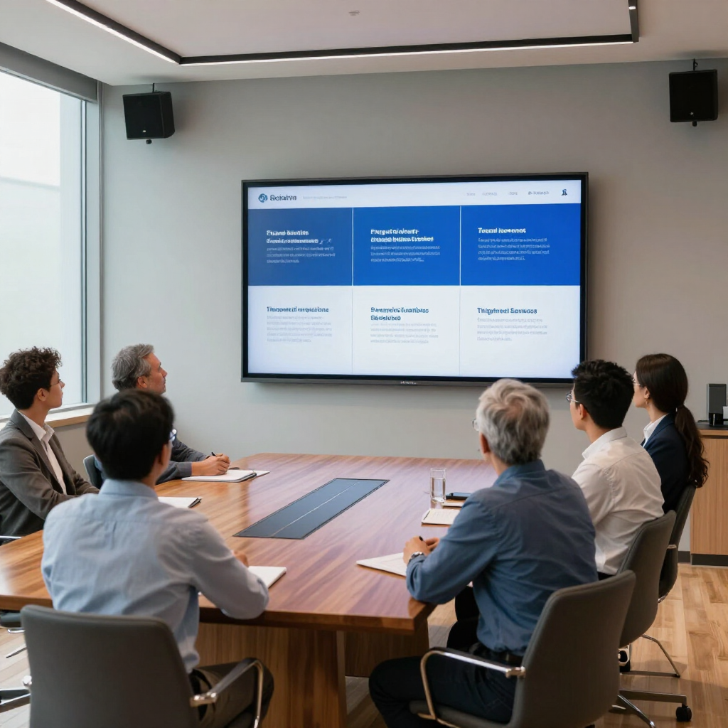 Business meeting in a conference room, with six people seated around a table facing a presentation screen.