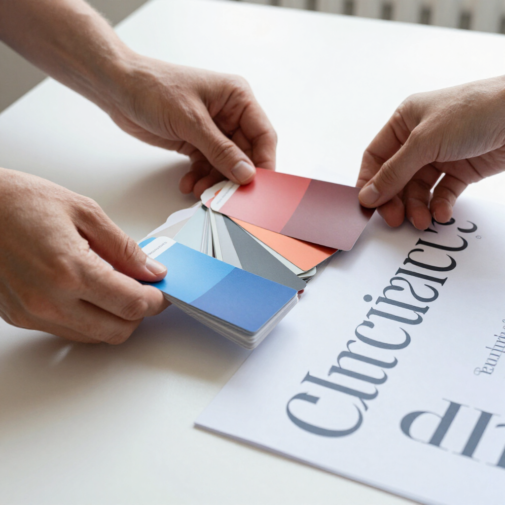 Hands sorting colorful paper swatches beside a brochure titled “Curriculum”