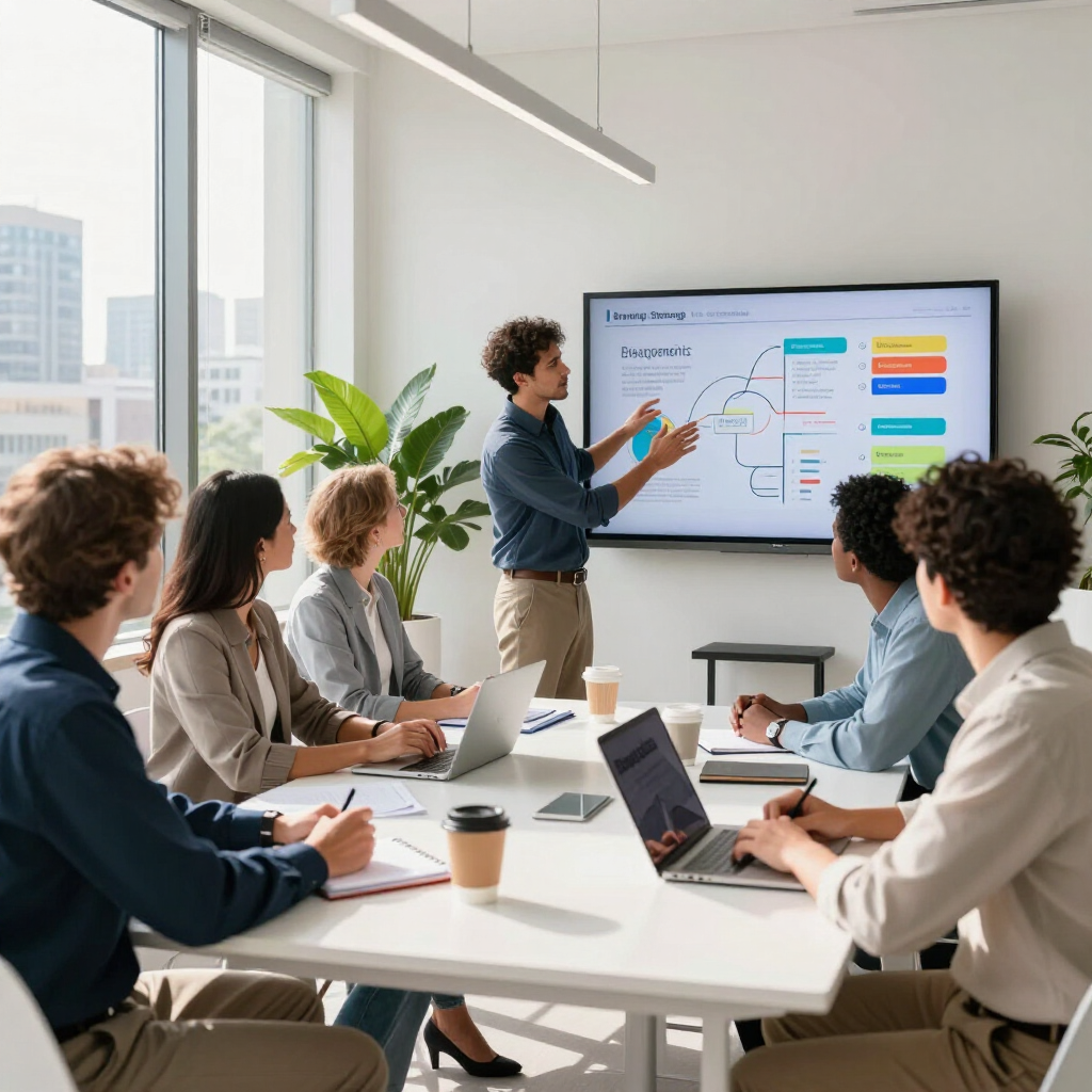 Team meeting in a bright conference room, with a presenter pointing at a screen during a business presentation.