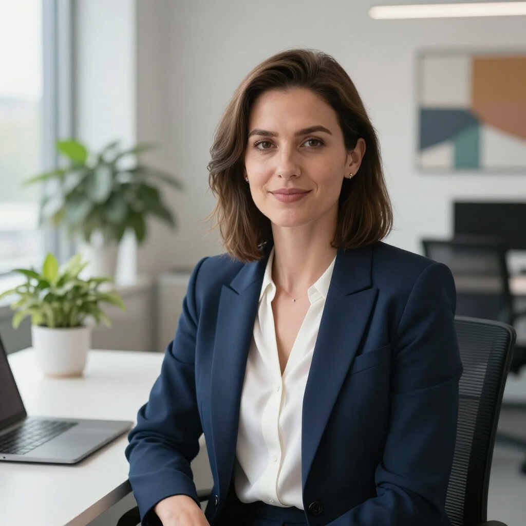 Professional woman in navy blazer seated at a desk in a bright office, facing the camera with a slight smile