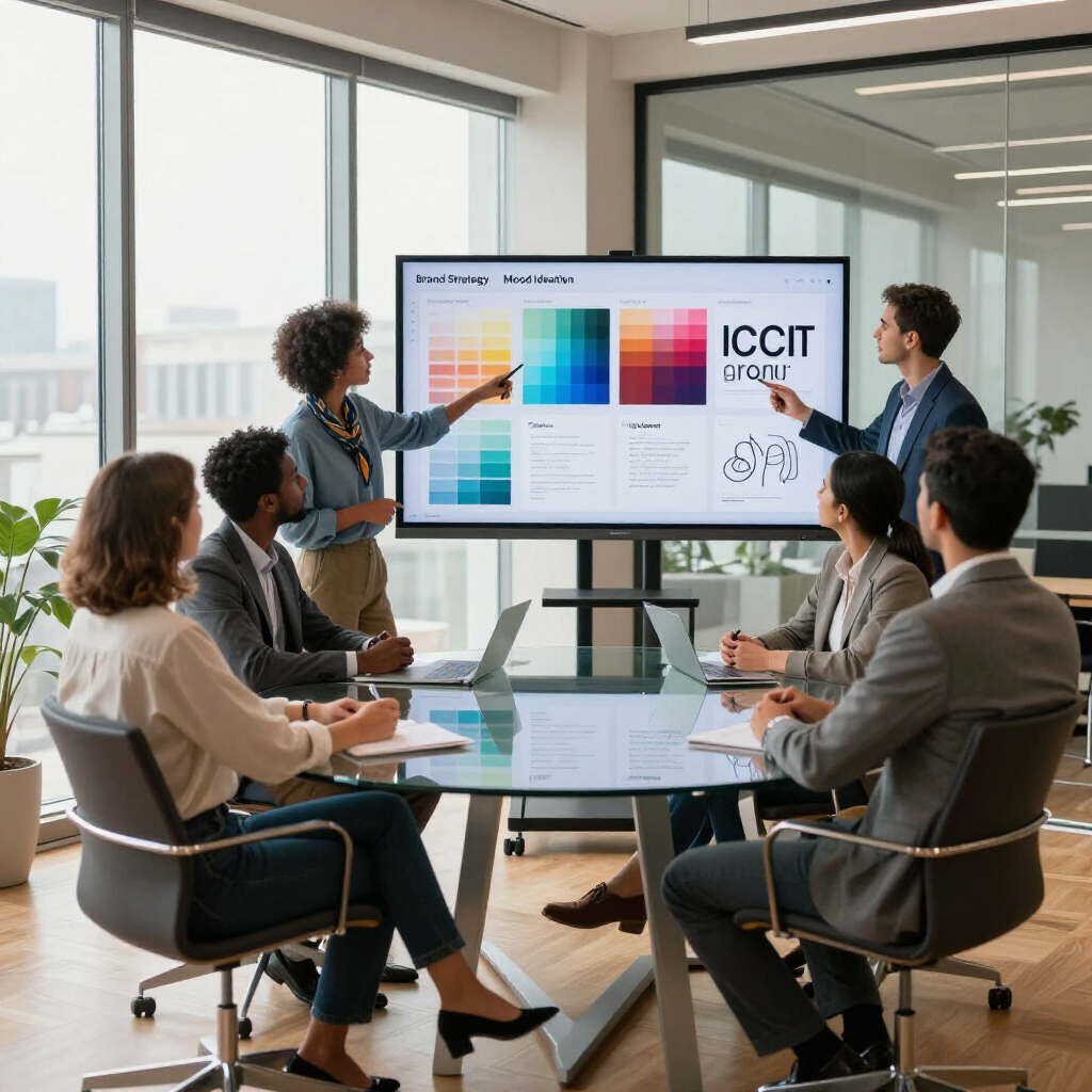 Business meeting in a glass conference room with six people discussing colorful charts on a large screen.