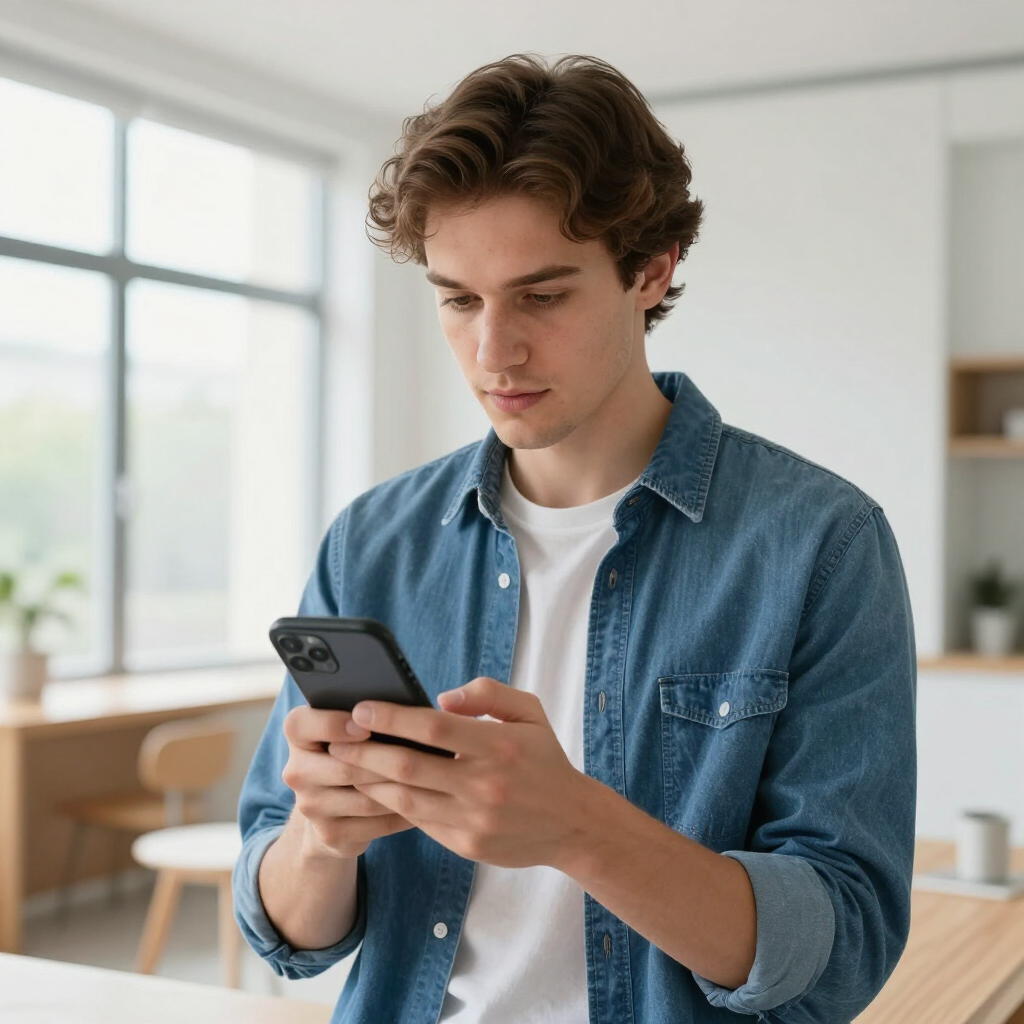 Person in a blue shirt using a smartphone in a bright room near a window