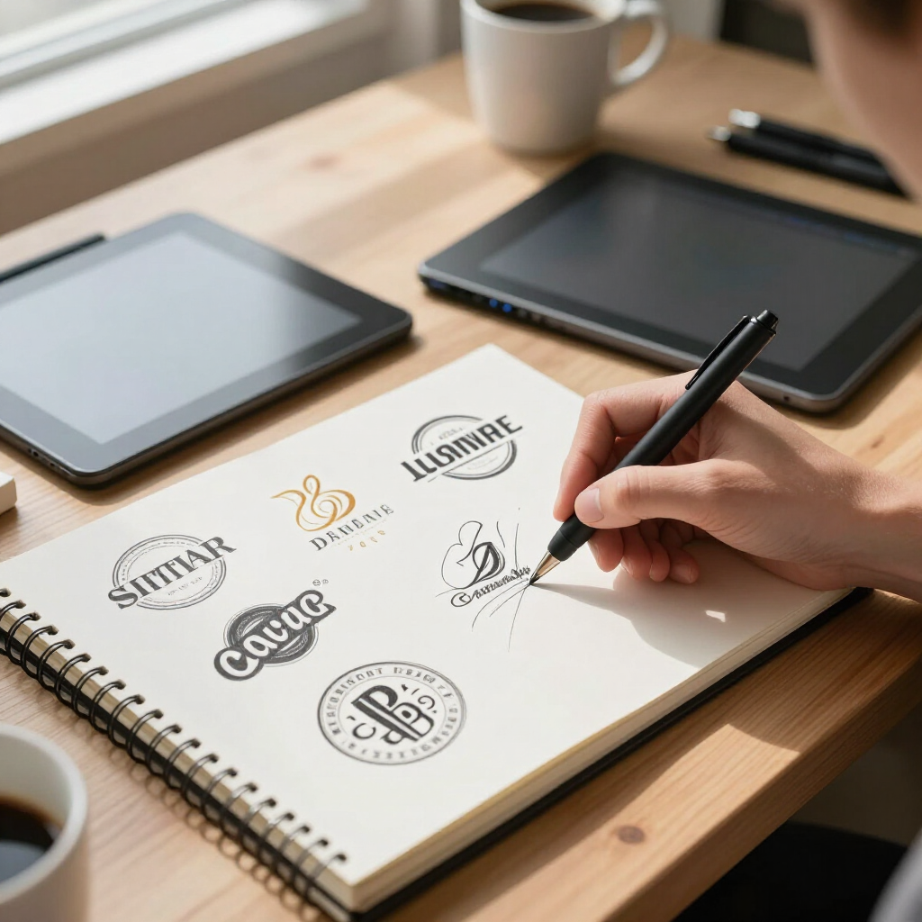 Hand sketching a logo in a notebook beside tablets and coffee on a wooden desk