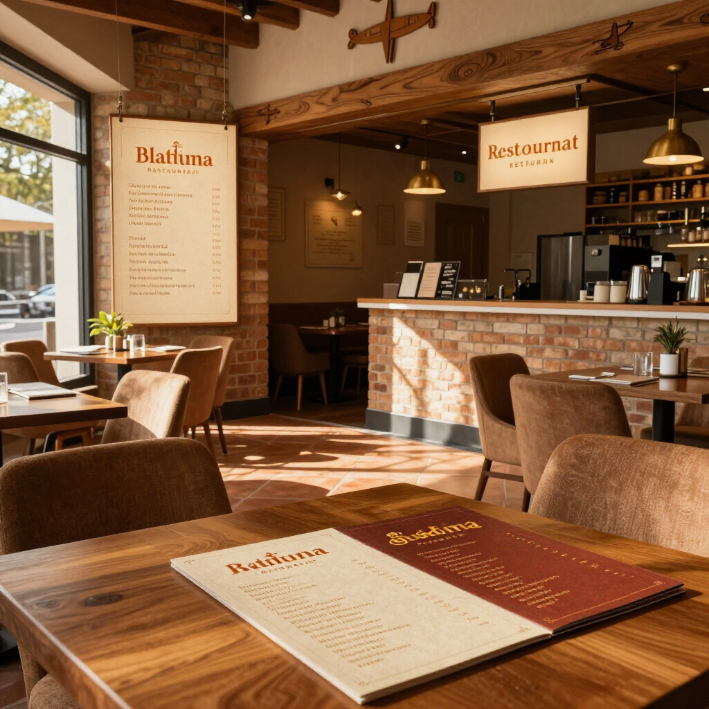 Cozy restaurant interior with wooden tables, brick bar, warm lighting, and menus on a table.