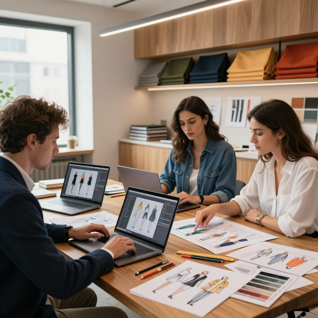 Three coworkers reviewing design sketches and laptop mockups at a wooden table in a bright office