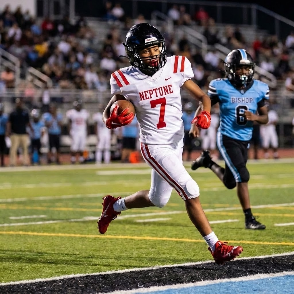 Football players in action on a grassy field; one runs with the ball, pursued by two opponents.