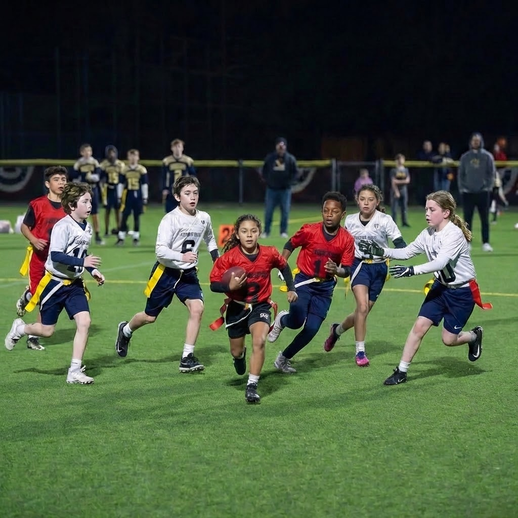 Flag football game at night, a player in red jersey runs with the ball as others pursue on a green field.