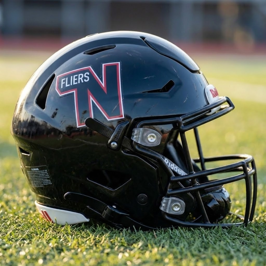 Football player in maroon jersey holding ball, smiling, surrounded by teammates on a field.