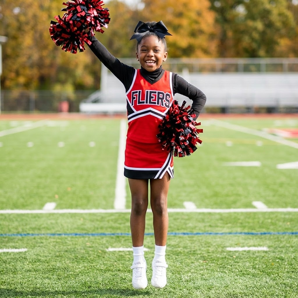 Red, white, and blue pom-poms held high by cheerleaders during a performance.