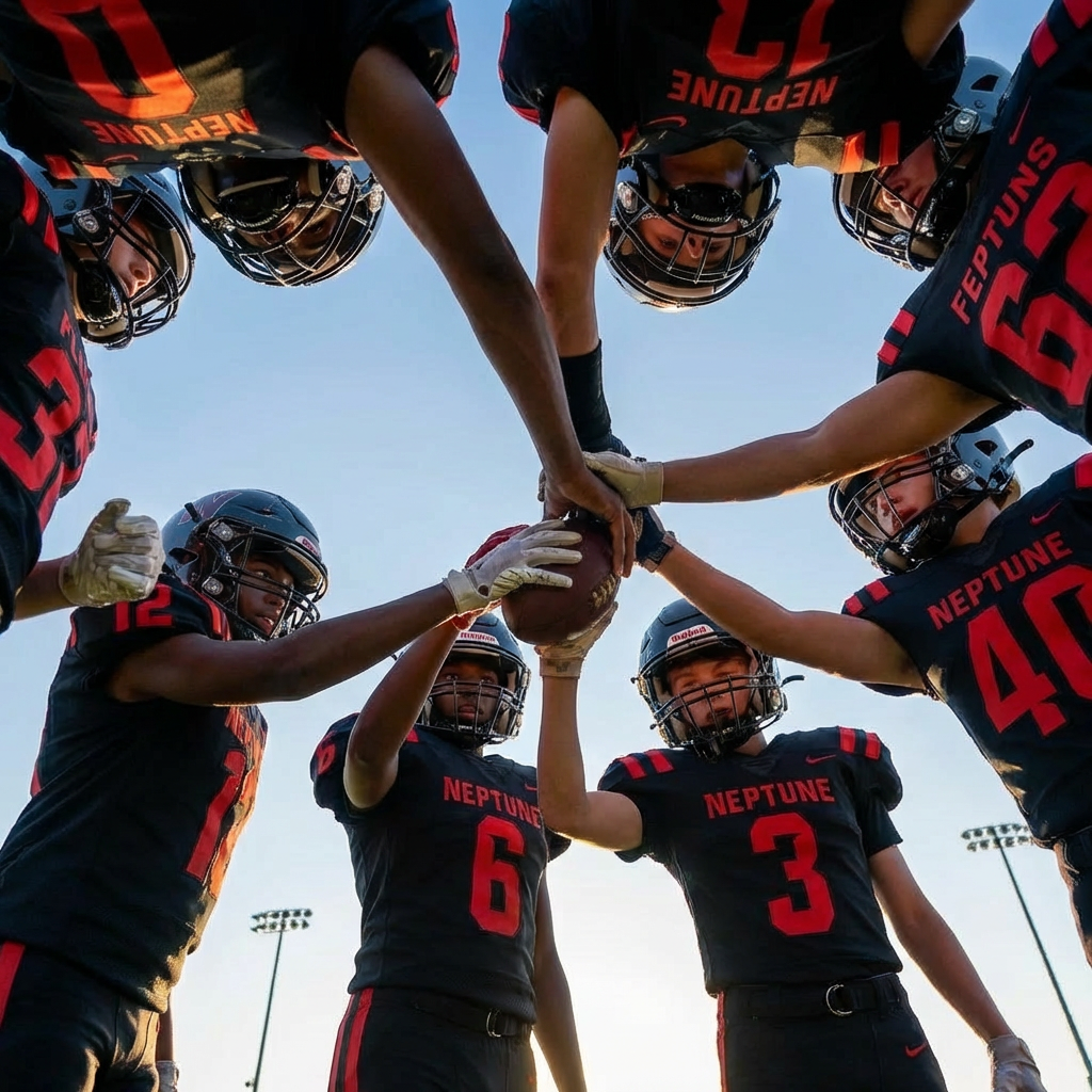 Football players huddle around a football, reaching hands together, blue sky backdrop.